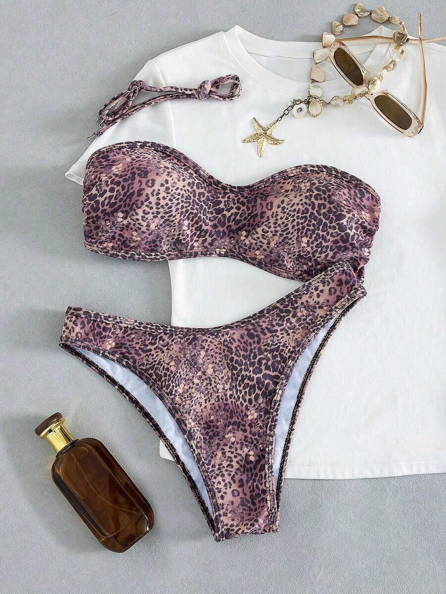 Set de 2 piezas Bikini bandeau con estampado floral rosa para mujer, con tirantes desmontables adecuado para vacaciones en la isla y sesiones de fotos en la playa en verano - Multicolor 18 - Ver 1