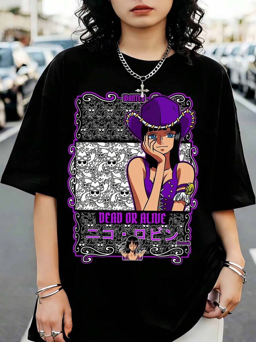 Nico Robin Wanted Poster T-Shirt, Graphic T-Shirt, Casual Top For Robin Fans - Black - View 1