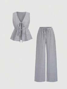Set de 2 piezas: Pantalones rectos con cordones y rayas, estilo callejero para mujer, verano - Azul marino - Ver 2