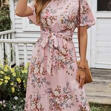Women's Floral Print Ruffle Sleeve Waist Dress - Rosa - Ver 1