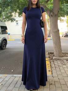 Vestido ajustado de cintura sólido para vacaciones y viajes casuales de verano para mujer - Azul marino - Ver 7