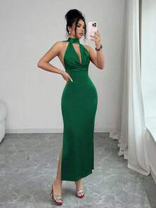 MEXElenzga Vestido de satén con cuello alto y espalda descubierta con lazo sexy para mujerMEX 3QKF - Verde Oscuro - Ver 8