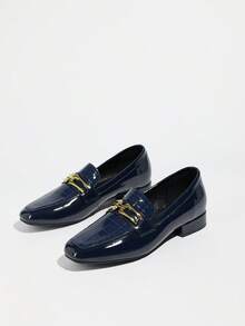 Mocassins à talons bas patchwork bleu marine pour femmes, style britannique rétro, bout rond, chaussures plates à enfiler, chaussures d'uniforme pour le printemps et l'automne, trajets quotidiens - Bleu marine - Voir 6
