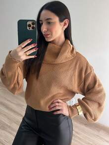 Women's Cropped High Neck Knit Blouse, Boba Knit, Daily Autumn/Winter - 裸體 - 查看 1