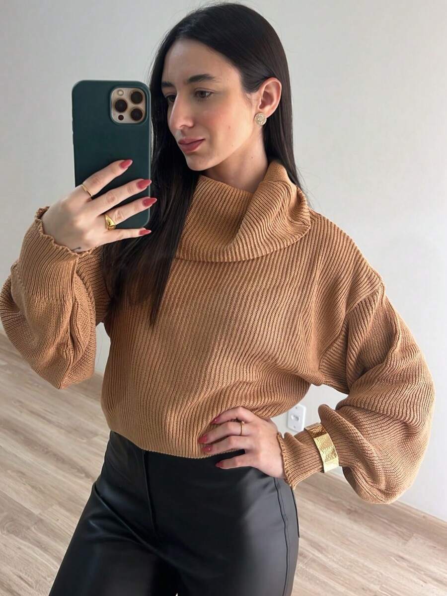 Women's Cropped High Neck Knit Blouse, Boba Knit, Daily Autumn/Winter - 裸體 - 查看 1