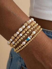 5 peças/Conjunto Pulseira de Contas Redondas de Pérola Turquesa em Cruz de Verão para Mulheres, Pulseira de Argila Simples para Mulheres, Conjunto de Pulseira de Contas Douradas Empilháveis Simples para Mulheres - Colorida - Visão 3