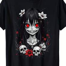 Adorable And Spooky Gothic Anime T-Shirt, Comfortable Sleeve Style, Unisex, With An Adorable And Spooky Character Design, Relaxed Fit, Short Sleeve, For Everyday Wear And All Seasons. Mother's Day T-Shirt, World's Best Mom Gift, Graphic Tee. - 黑色 - 查看 6