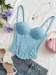 Top corto de punto con textura de ola de vacaciones para mujer, sexy para la playa, citas, festivales de música - Azul - Ver 7