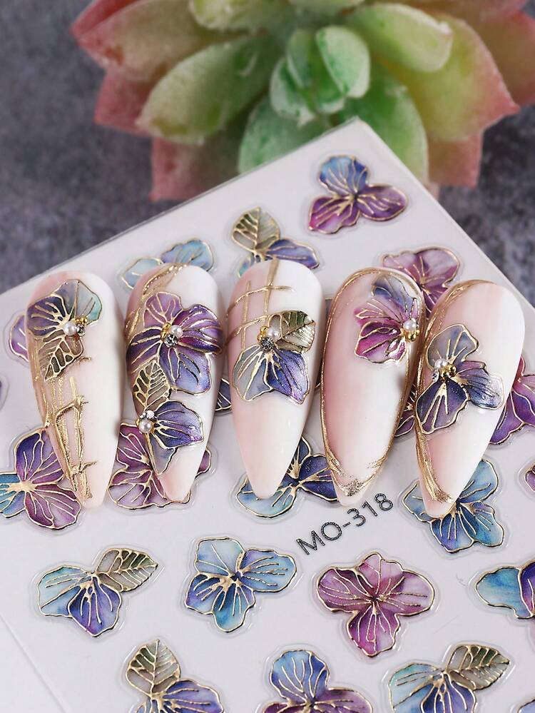 2 miếng dán móng tay hình hoa tím 5D chuyển màu, tự dính, thiết kế cánh hoa, thích hợp cho móng tay mùa hè và các bữa tiệc DIY - Nhiều màu - Xem 5