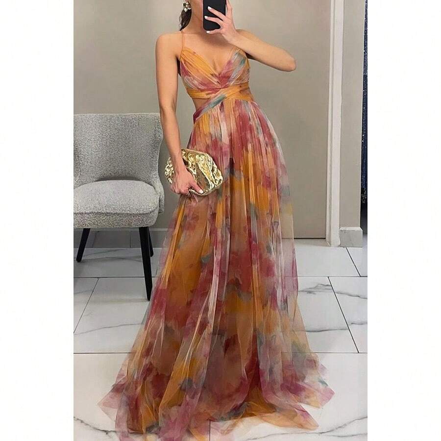 Women's Mesh Floral Cami Dress, Sheer Printed Slip Dress, Casual Vacation Party Outfit - 橘色 - 查看 1