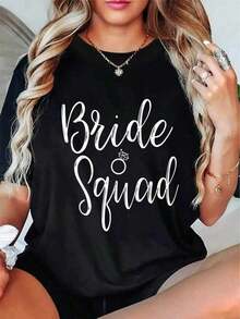 100% cotton Camiseta de boda para damas de honor "Bride Squad" - Manga corta, cuello redondo, top de primavera/verano con la inscripción "Bride Squad Glory", atuendos para damas de honor, ropa nupcial casual, lavable a máquina para su cuidado. - Negro - Ver 6