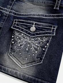 J-Fashion Minifalda de mezclilla con bordado de mariposa, cintura baja, ajustable y de color contrastante, estilo vintage Y2K para mujeres - Azul marino - Ver 2