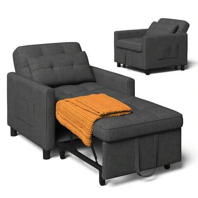Asofer 3‑in‑1 umwandelbarer Schlafsessel, verstellbarer Sessel mit Bettfunktion, mit Kissen und Seitentasche, Dunkelgrau
