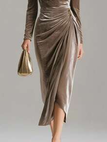 New Women's Long Dress, Made Of Shiny Velvet, Casual And Sexy Style, Long Sleeves, Pleated, Side Slit, Mermaid Cut, Flattering Design, Perfect For Parties And Special Nights - 金色 - 查看 6