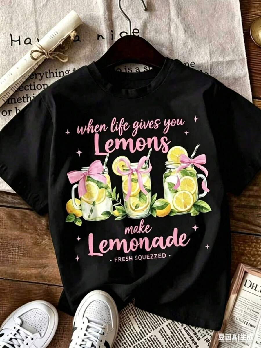 Camiseta de Mujer con Estampado de Limonada "Cuando la Vida te da Limones", Camiseta Casual Retro con Estampado de Limones, Cuello Redondo y Manga Corta, Adecuada para Verano, Vacaciones y Uso Diario, Camisetas Casuales Unisex - Negro - Ver 1