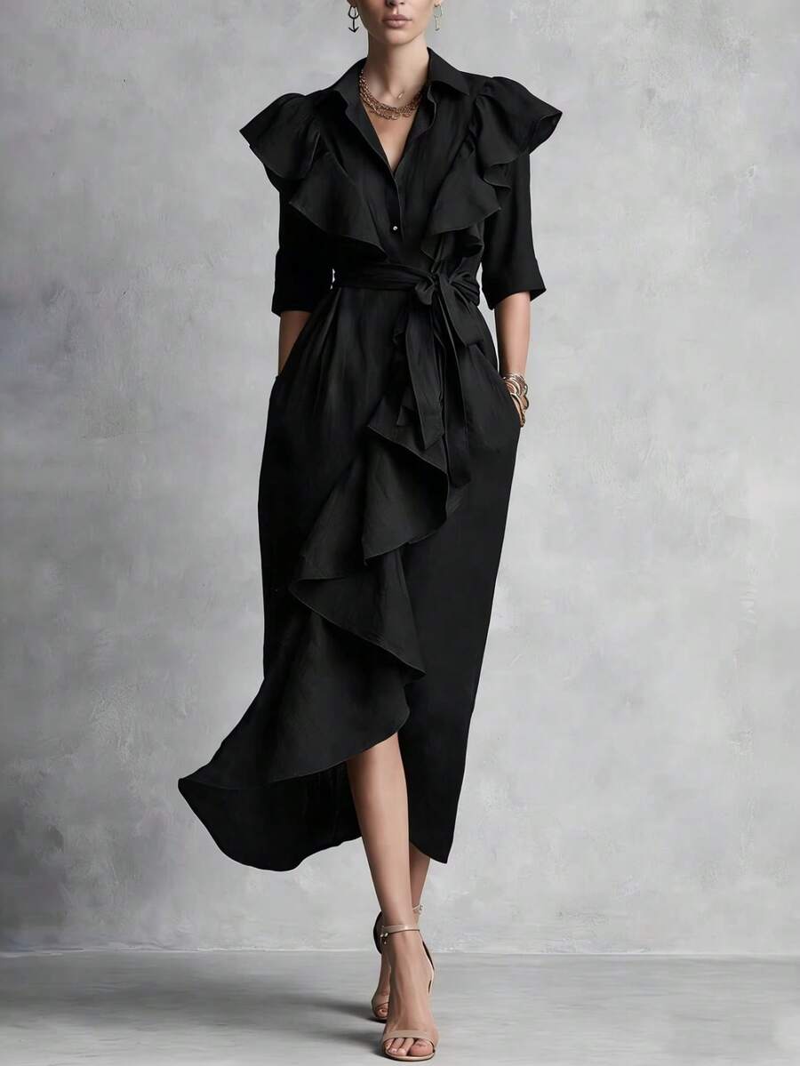 Vestido largo por debajo de la rodilla con cordón, corte holgado favorecedor, botonadura sencilla y volantes, nueva colección primavera-verano 2026 - Negro - Ver 1