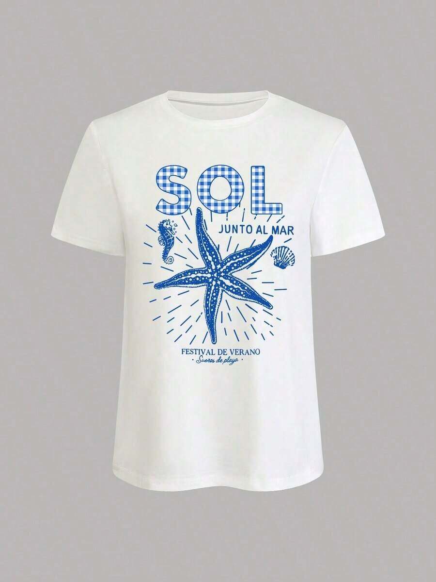 Una camiseta de manga corta para mujer con estilo retro americano, de corte holgado y con diseño estampado (los pantalones son solo para sugerencias de estilo). Esta pieza sencilla y elegante presenta un patrón de letras impresas con temática tropical, lo que la convierte en un elemento imprescindible para crear un look relajado de vacaciones, perfecto para ocasiones como el Día del Trabajo y el Día de la Independencia de México. - Blanco - Ver 1