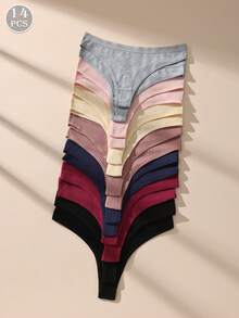 14 Pieces Of Women's Underwear Low Waisted Cotton Thong - Soft And Breathable V-Shaped Pants, Solid Color Simple Women's Underwear, Tangas Para Mujer, 14 Solid Color XS-XL Sizes To Choose From, Ropa Interior Mujer,Ribbed Elastic Comfortable Non Transparent Casual Wear, Daily Essential, Fashionable Style, Soft And Breathable, Modern Women's - 彩色 - 查看 12
