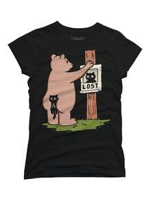 Camiseta Casual de Mujer con Diseño Divertido de Oso Negro y Gato Perdido - Tela Suave, Arte Único, Ideal para Amantes de las Mascotas y la Naturaleza, Perfecta para Uso Diario Y2k Camiseta Camisa De - Negro - Ver 8