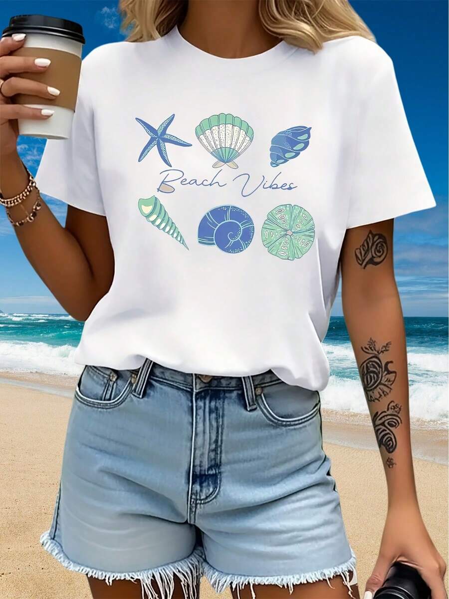 Camiseta casual para mujer con estampado creativo de conchas marinas, textura suave para uso diario, estilo playa - Blanco - Ver 1