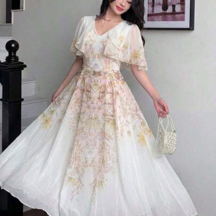 V-Neck Shawl Design Waist Cinched Flared Floral Print Chiffon Dress For Women - Verde - Ver 1