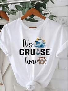 Women's Printed T-Shirt With Cruise Theme Design - Casual Short Sleeve Crew Neck T-Shirt, Relaxed Fit For All Seasons, Perfect For Everyday Wear And Holiday Outfits, Machine Washable. - White - View 1