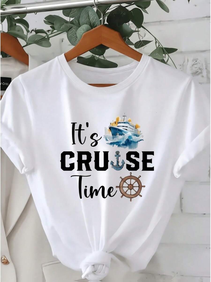 Women's Printed T-Shirt With Cruise Theme Design - Casual Short Sleeve Crew Neck T-Shirt, Relaxed Fit For All Seasons, Perfect For Everyday Wear And Holiday Outfits, Machine Washable. - White - View 1