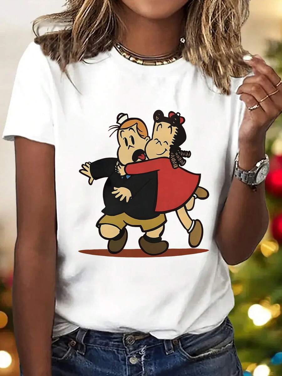 Camiseta de estilo elegante Y2K para mujer con estampado de dibujos animados, manga corta, cuello redondo, top casual, adecuada para todas las estaciones. | Ropa casual a la moda | Estampado de Letras a la Moda - Blanco - Ver 1