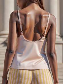 Women's Summer Satin Cami Tops Sleeveless Open Back V Neck Solid Color Tank Tops - 粉色 - 查看 4