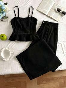 Conjunto de camisola de mezclilla casual y pantalones de pierna ancha para mujer - Negro - Ver 3