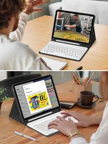 这款键盘保护套兼容 iPad (A16) 11 英寸第 11 代 (2025)，也兼容 iPad 10.2 英寸第 9/8/7 代、iPad Air 第 4/5/6 代、10.9/11 英寸、iPad Pro 11。支持自动睡眠/唤醒功能，配备可拆卸无线蓝牙键盘、150mAh 电池、超薄轻巧支架和触控笔插槽。 - 黑色 - 查看 10