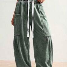 BohoFeels Plus Size Drawstring Waist Loose Pocket Wide Leg Pants - Verde militar - Ver 1
