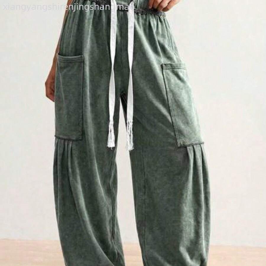 BohoFeels Plus Size Drawstring Waist Loose Pocket Wide Leg Pants - Verde militar - Ver 1