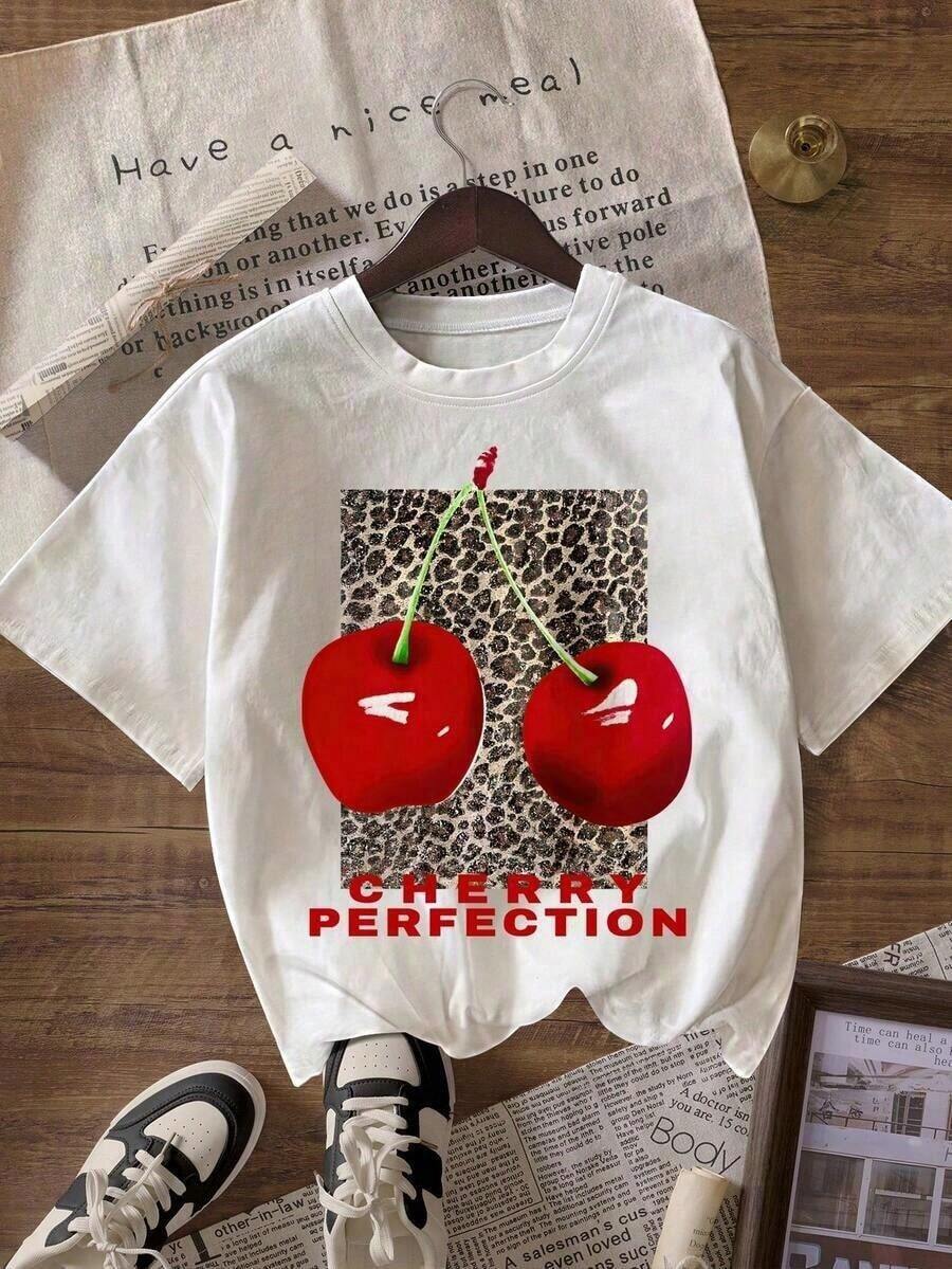NewSummerCasualCamiseta Casual de Manga Corta con Cuello Redondo y Estampado de Leopardo y Cerezas para Mujer, Ideal para el Verano y el Ocio Diario.-Vintage Street Style Unisex Loose Cotton Short Sleeve Crew Neck T-Shirt - Blanco - Ver 1