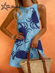 Women's Elegant Sexy Sleeveless Yellow Random Crab Print Dress, Suitable For Spring And Autumn Party Summer - Blue - View 8