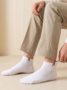1/5 Pairs Men's Spring/Summer White Striped Breathable Socks, Collegiate Style Suitable For Students, Casual, Commuting, Pair With Sneakers - White - View 4