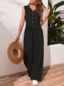 Frenchy Set de 2 piezas para mujer de top sin mangas y pantalones de estilo casual con un solo botón, para verano - Negro 2 - Ver 3