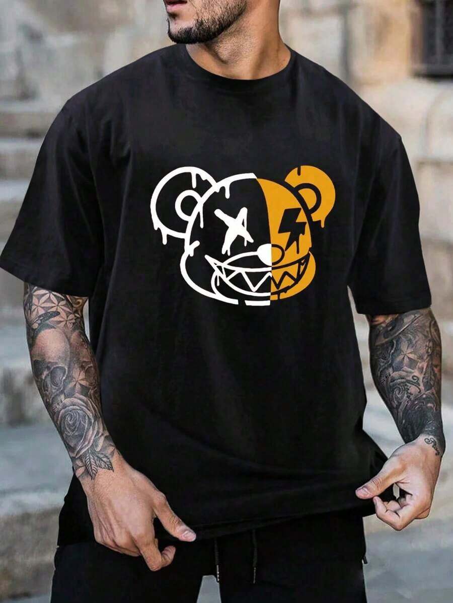 Men's Cartoon Print T-Shirt - Black - View 1