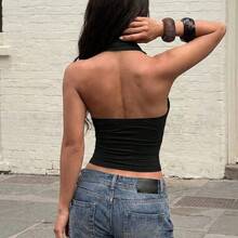 Women's Summer Vacation Solid Color Halter Neck Ruched Fitted Camisole Casual White - Gris - Ver 10