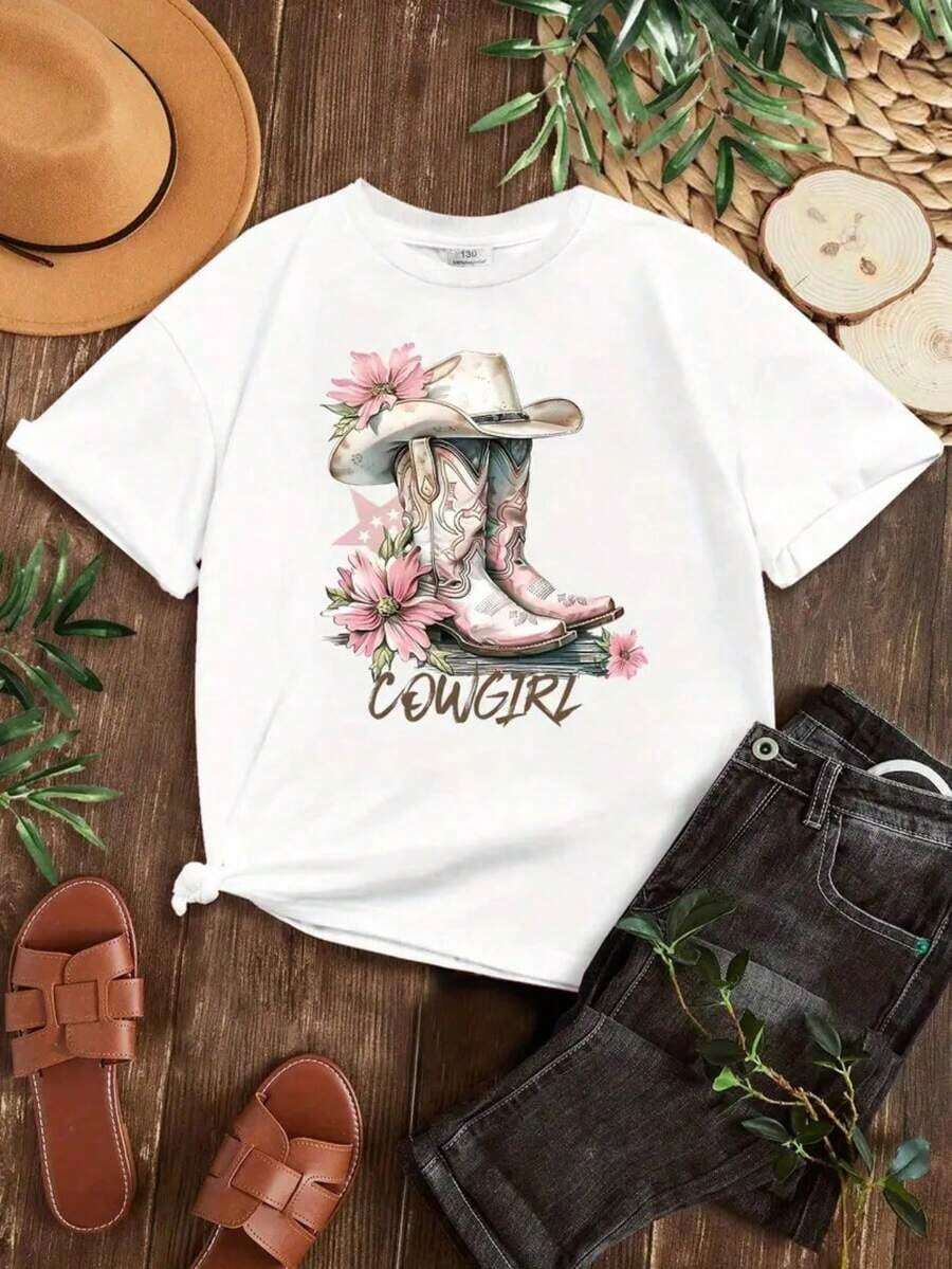 Blusas Bonito Blusa camiseta playera mujer dama grafica manga corta cuello redondo estampada casual fresca estampado flores flor floral botas sombrero bonita linda verano primavera día escuela casa parque noche vacaciones moda cool cómoda ligera transpirable aesthetic juvenil moderna suave versátil salida creativa country vaquera vaquero western chic estilo boho viejo oeste 100% Cotton Blusas Para Mujer Casual - Blanco - Ver 1