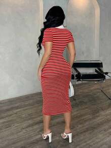 Vestido polo de manga corta a rayas blanco y negro de estilo minimalista y casual para ir al trabajo, vestido de punto de media longitud con ajuste ceñido y gran elasticidad, vestido elegante francés - Rojo - Ver 2