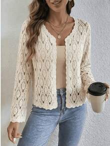Plus Size - Plus Size - Plus Size Women's Beige Crochet Lace Cardigan, V-Neck Long Sleeve Cardigan Hollow Out Top, Spring Summer Casual Loose Coat - Màu be - Xem 5