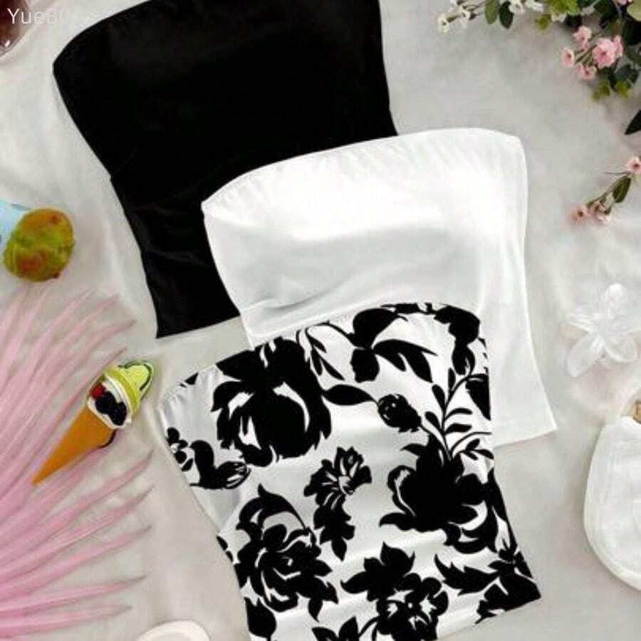 3pcs Plus Size Women Sexy Blue & White Floral Print Slim Strapless Tops Set, Casual Daily Versatile For Date, Afternoon Tea, Beach, Cruise, City Vacation, Suitable For All Seasons, Wedding, Beach, Spring/Summer Vacation, Cruise, Island Vacation, Music Festival, Boho Vacation - Blanco y Negro - Ver 1