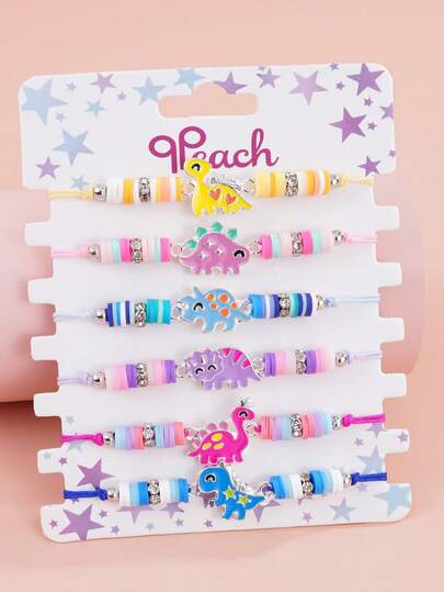 Set de 6 pulseras ajustables con colgante de dinosaurio de dibujos animados lindos para niñas