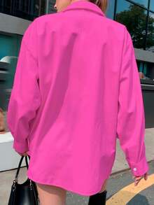 Camisa de mujer de manga larga, de unicolor, versátil y casual, holgada - Rosa Fucsia - Ver 2