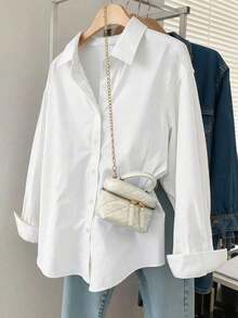 Camisa larga de mujer de manga larga, de un solo pecho, holgada, con hombros caídos y de unicolor - Multicolor 3 - Ver 5