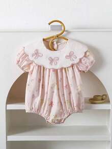 1pc Baby Girls' Bow Embroidered Collar Bodysuit With Floral Print, Loose Fit Luxury Short Sleeve Bodysuit For Summer Outings And Vacation - Pink - View 12