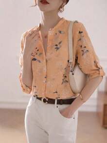Blusa de mujer de manga 3/4 con cuello alto, estampado floral acuarela azul grisáceo| Blusa de ajuste ceñido, transpirable, de manga acampanada, para oficina/vacaciones, primavera/verano - Naranja - Ver 4