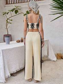 Top de tirantes con nudo y pantalones de pierna recta con estampado azul y blanco bohemio, conjunto de 2 piezas para vacaciones - Albaricoque - Ver 2