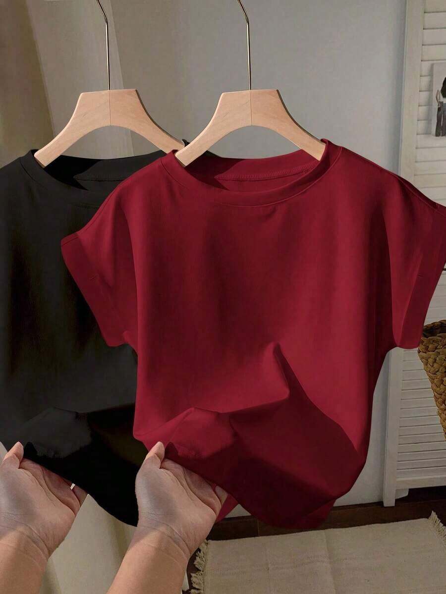 2 piezas Camiseta de cuello redondo de manga corta en negro y rojo, adecuada para el verano - Multicolor 8 - Ver 1